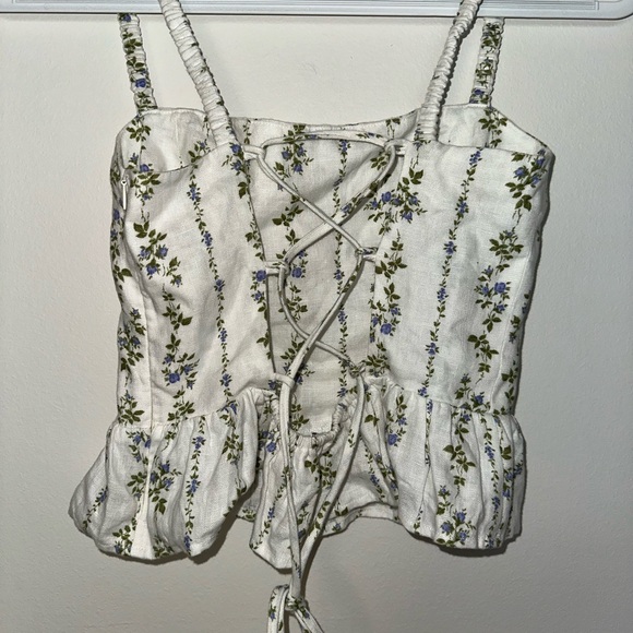 Reformation Barton Top, Sz0, White / Green Floral Corset Lace Ruffle Hem - Picture 11 of 15